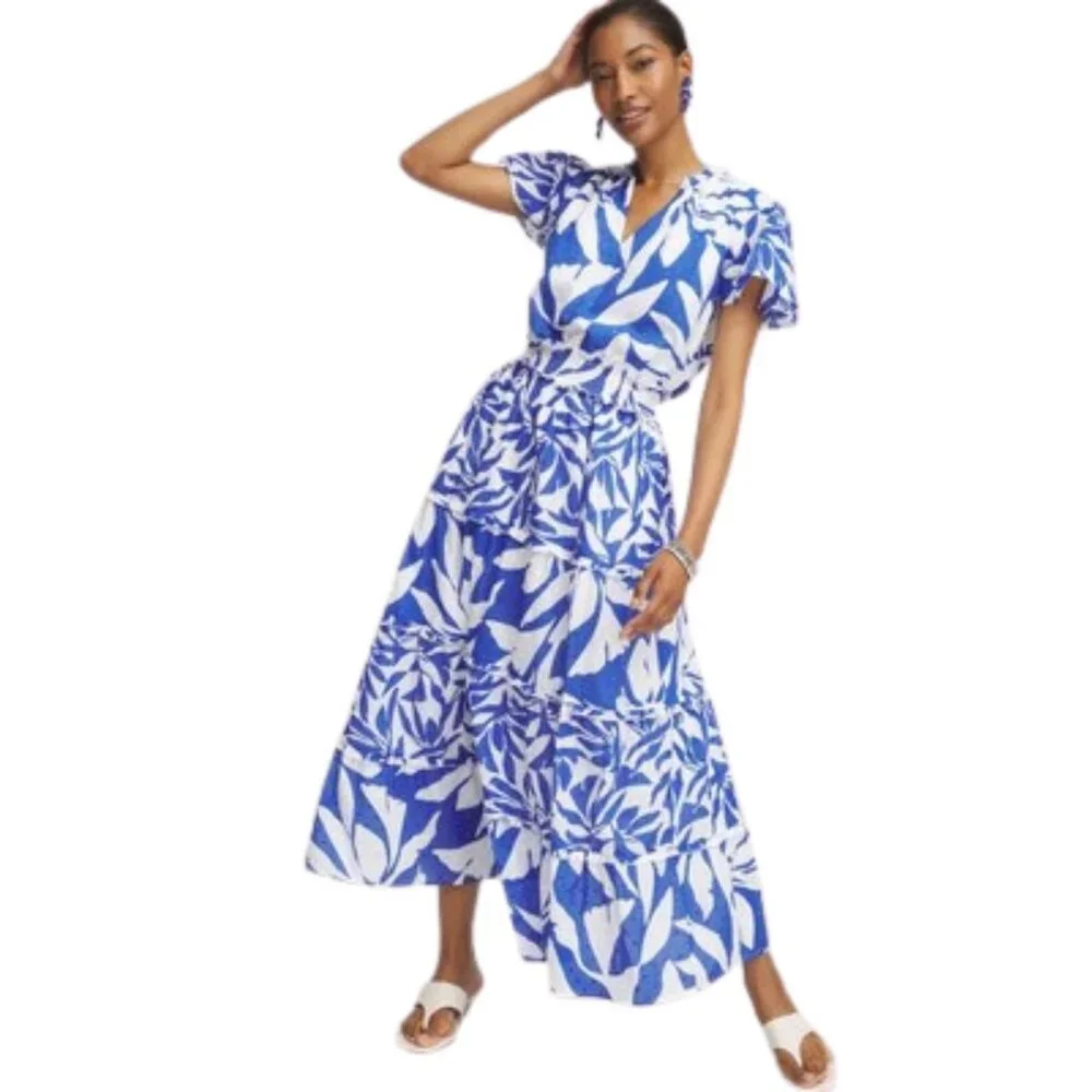 Chicos Flutter Sleeved Maxi Dress - Blue & White Vacation Dress - Chicos Size 3 - Picture 4 of 12